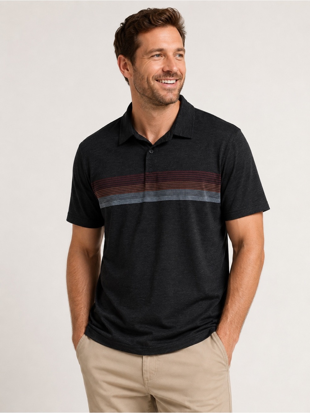 NWOT GEORGE Polyester Blend Men’s Black Polo with Multicolored Stripes Size XL